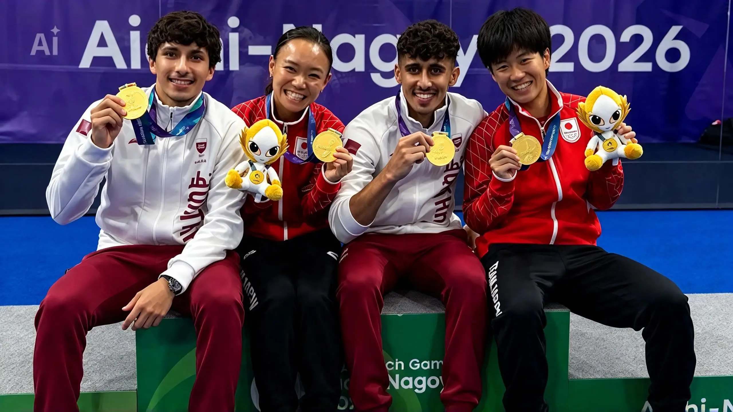 Qatar and Japan padel gold medallists on the podium at the Aichi-Nagoya 2026 Asian Games, holding medals and mascots