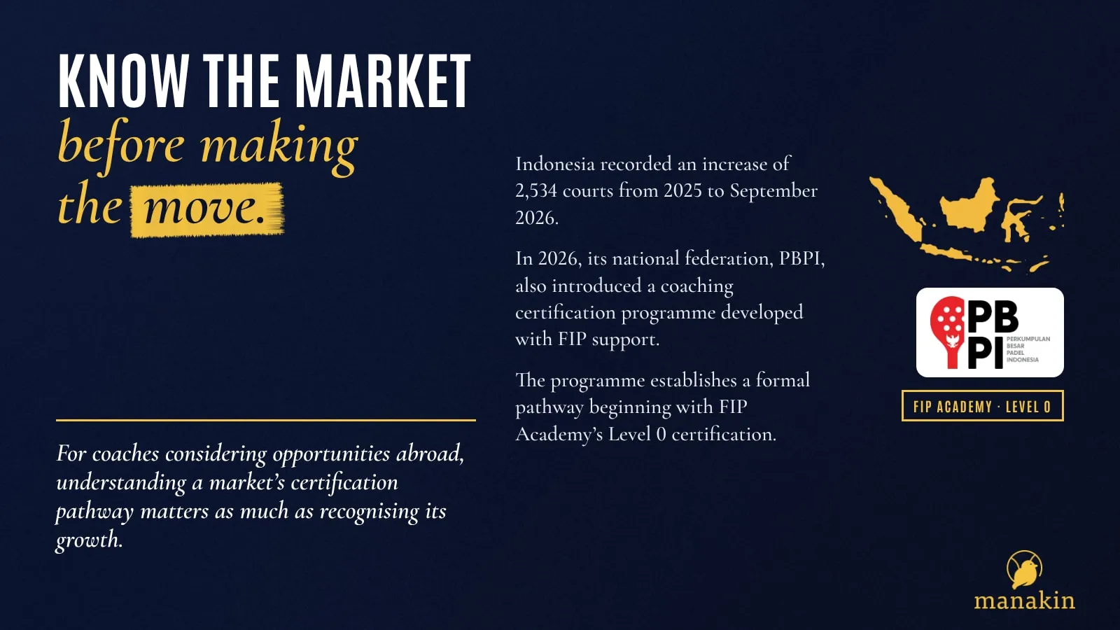 Indonesia’s padel expansion and new PBPI coaching certification programme, highlighting the importance of researching qualifications before working abroad.