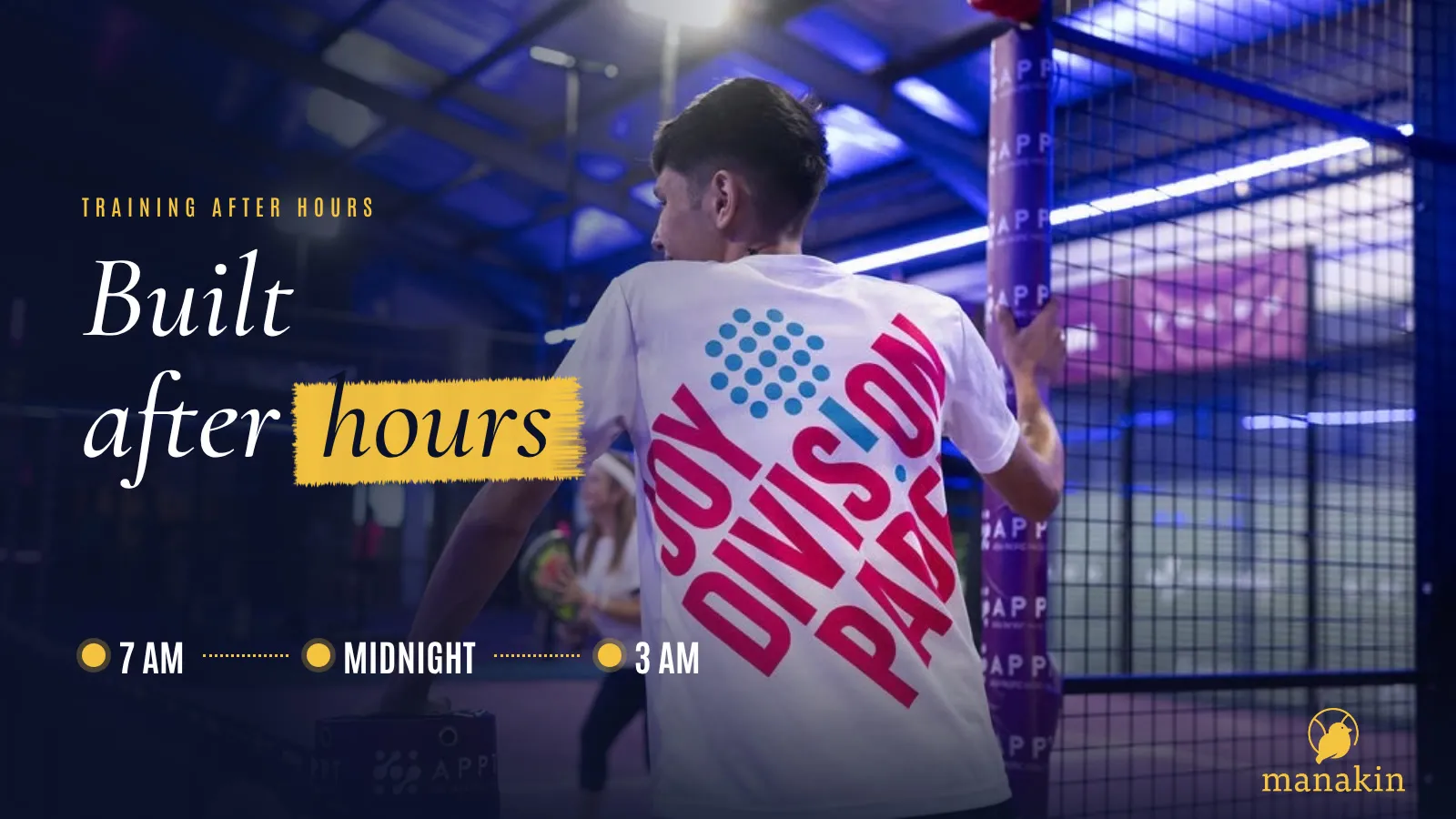 Denzel training after hours at Joy Division Padel, with a timeline from 7am to midnight to 3am