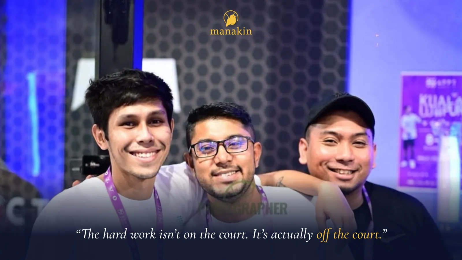 Denzel with padel community members, over the line that the hard work is off the court