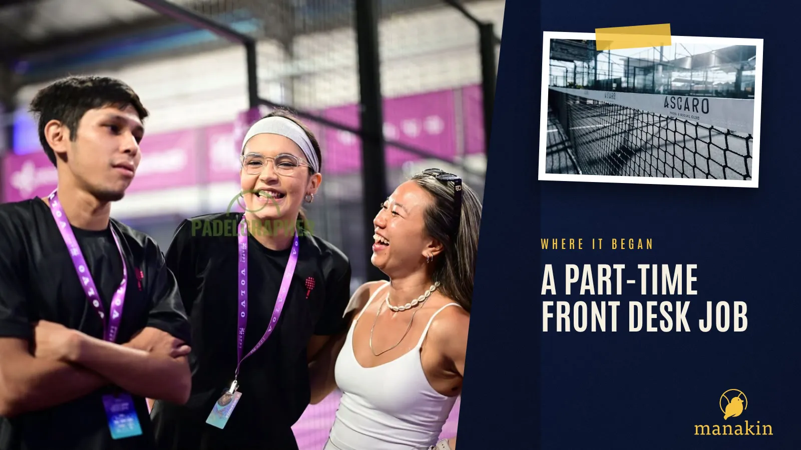 Denzel with colleagues at a padel event, beside a panel on his part-time front desk job at Ascaro