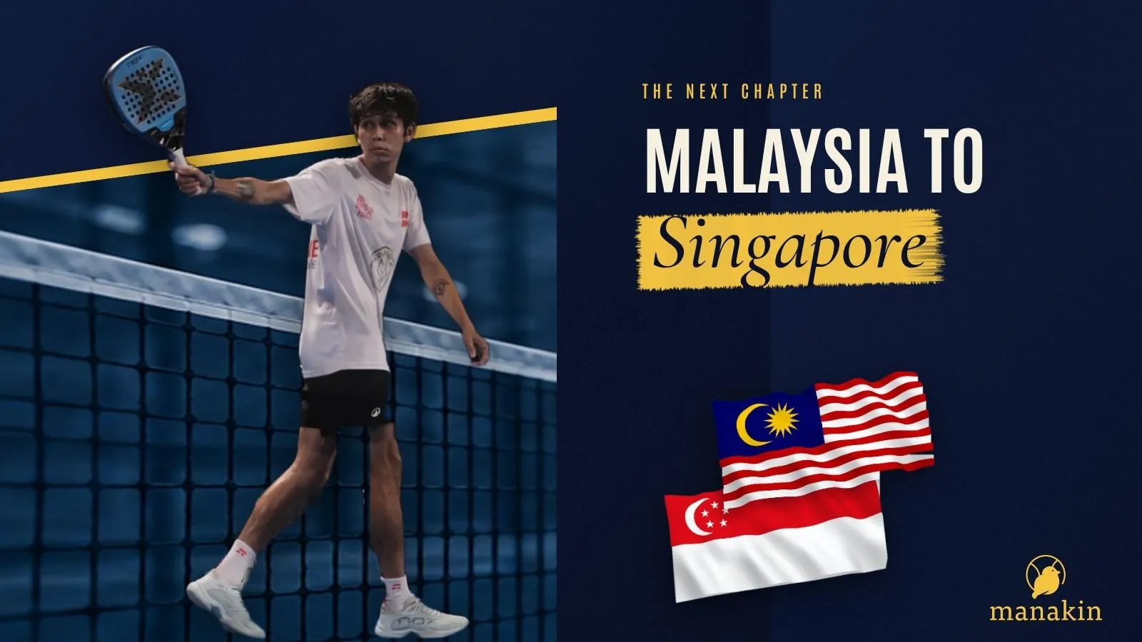 Malaysian padel coach Denzel Manuel beside the Malaysian and Singapore flags as he prepares to move